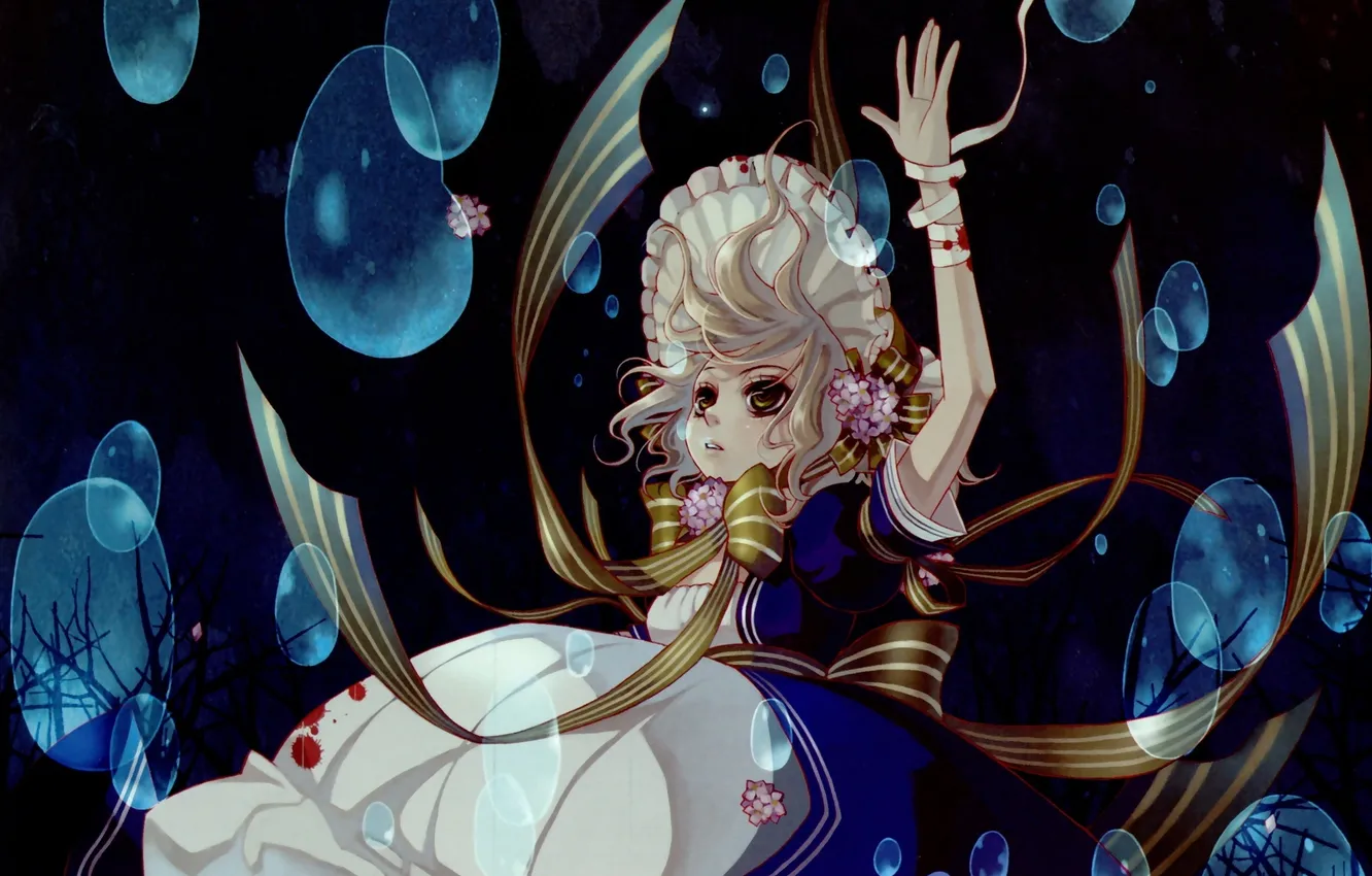 Photo wallpaper girl, flowers, bubbles, anime, art, cap, under water, last summer
