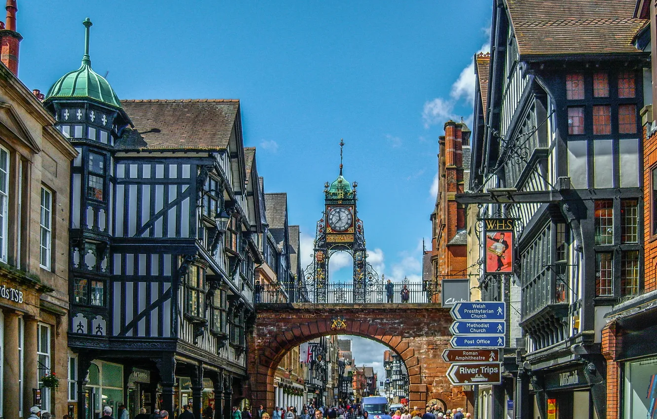 Photo wallpaper street, people, England, tower, home, arch, Chester