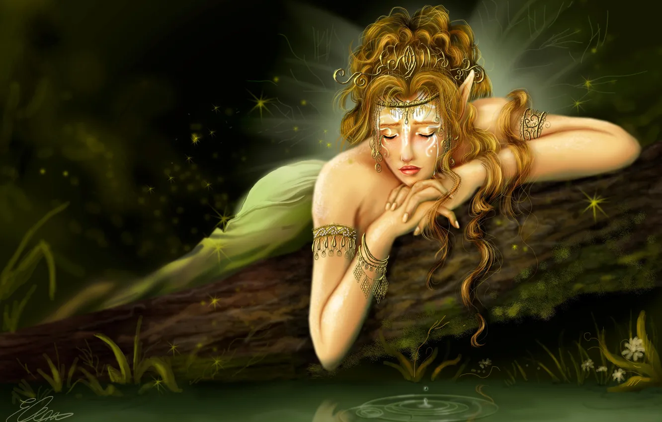 Photo wallpaper sadness, water, girl, tears, fairy, log