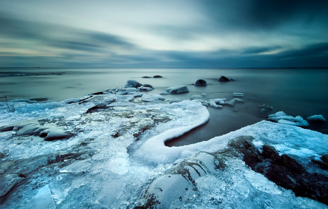 Photo wallpaper winter, sea, landscape, sunset, nature, ice