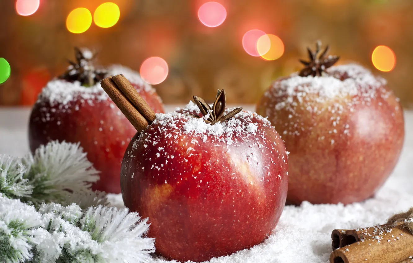 Photo wallpaper snow, apples, tree, food, branch, New Year, Christmas, cinnamon