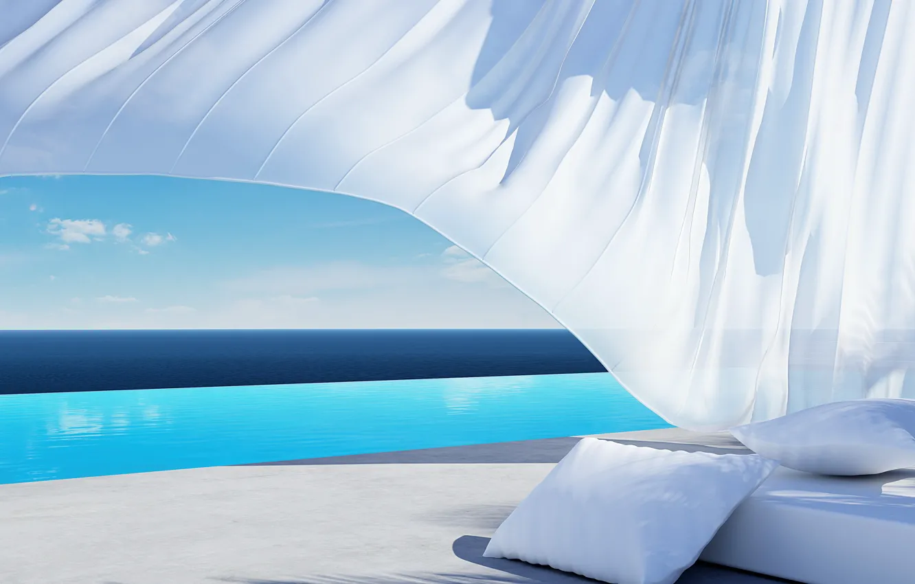 Photo wallpaper sea, pillow, pool, horizon, sunbeds