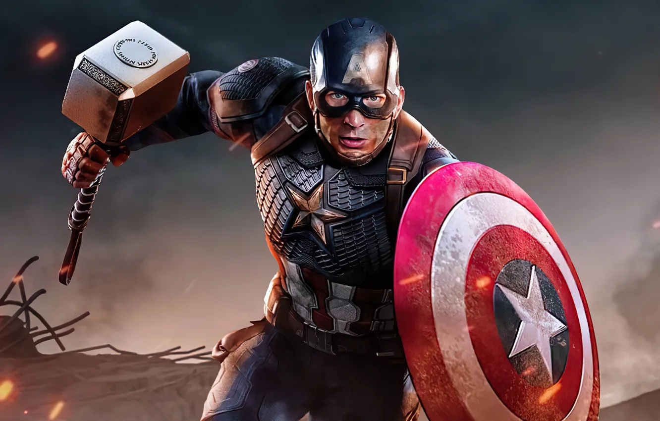 Photo wallpaper hammer, hero, costume, shield, Marvel, Captain America, Chris Evans