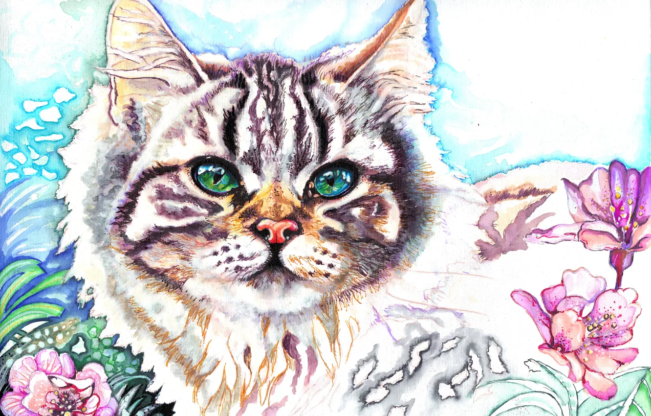 Photo wallpaper cat, look, flowers, animal, muzzle, ears, painting, green eyes