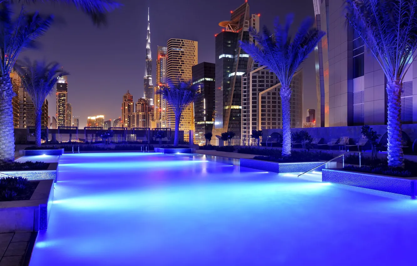 Photo wallpaper city, the city, home, the evening, pool, Dubai, the hotel, pool