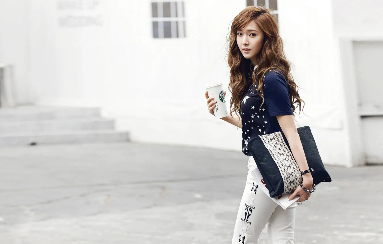 Photo wallpaper girl, street, handbag, walk, Asian, Cup, Korea