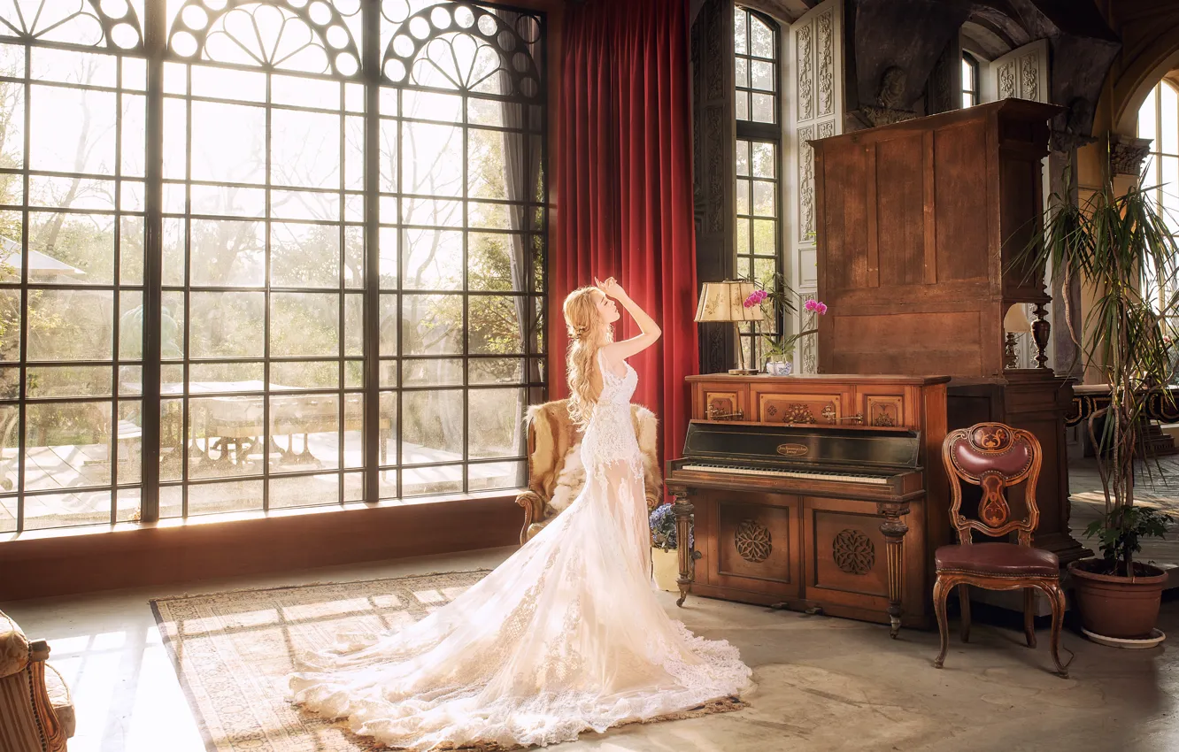 Photo wallpaper white, girl, light, pose, room, furniture, interior, hands