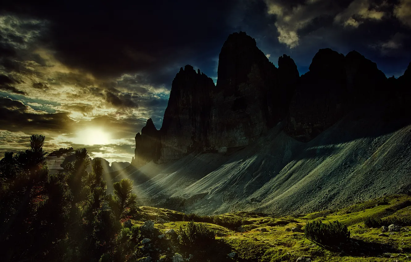 Photo wallpaper the sun, rays, landscape, mountains, nature, The three Peaks of Lavaredo, The Dolomites