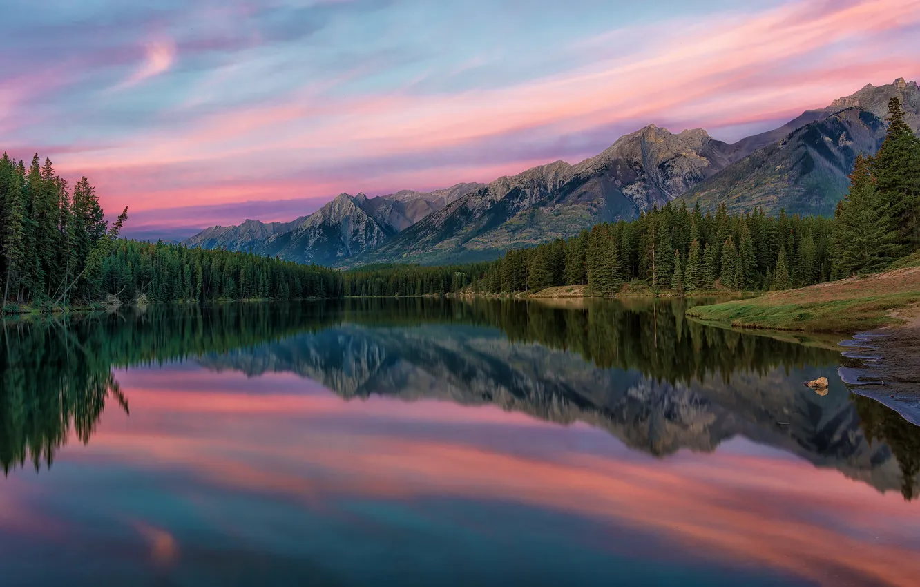 Photo wallpaper forest, the sky, clouds, sunset, mountains, lake, reflection, dawn