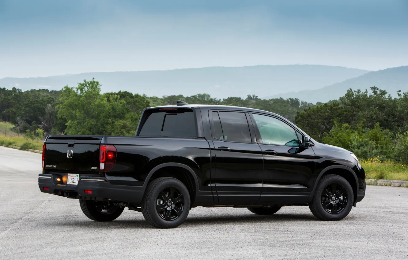 Photo wallpaper road, greens, the sky, black, Parking, Honda, pickup, Black Edition