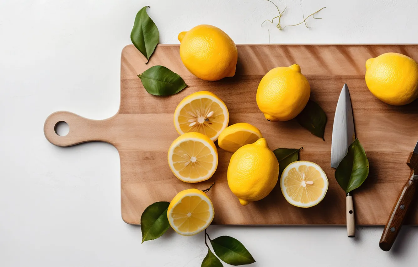 Photo wallpaper leaves, table, lemon, knife, white background, fruit, cutting Board, AI art