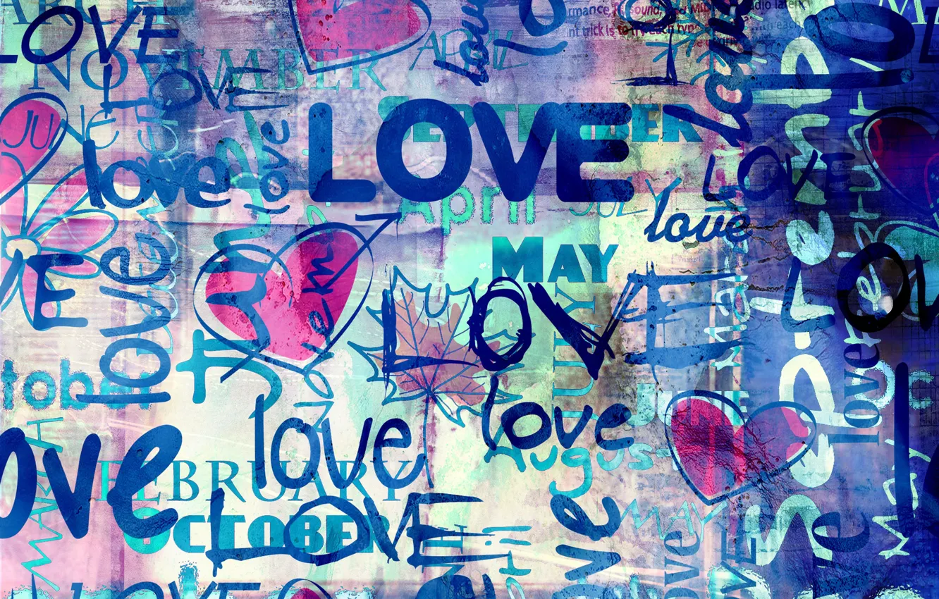 Photo wallpaper love, blue, style, background, the inscription, hearts, love, hearts