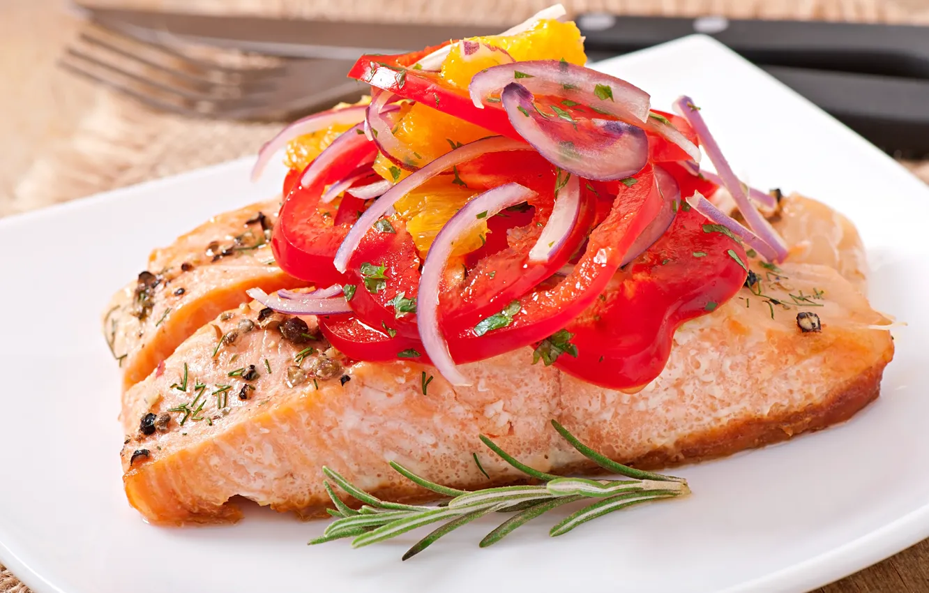 Photo wallpaper fish, vegetables, delicious, seafood