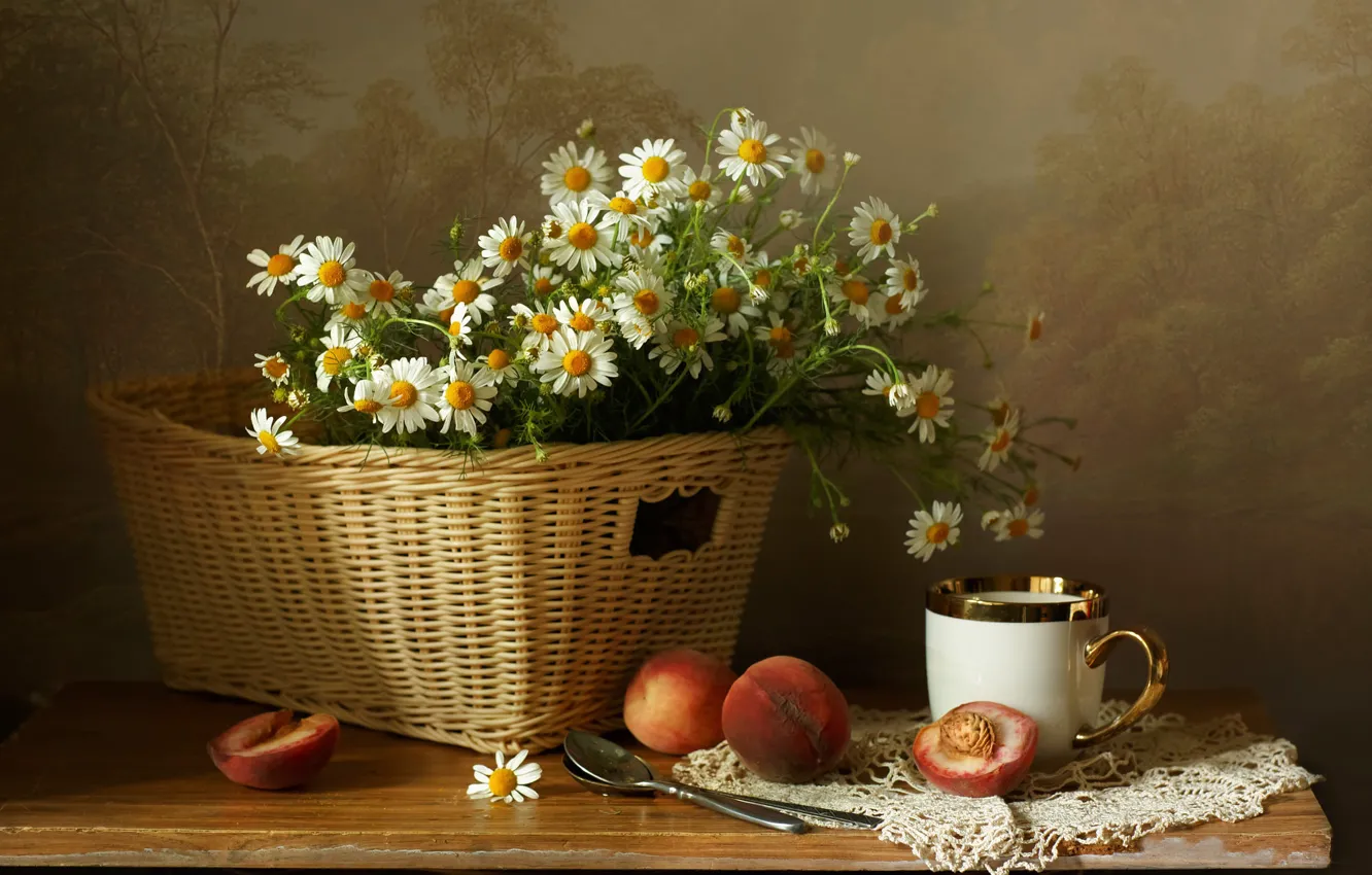 Photo wallpaper flowers, table, chamomile, bouquet, spoon, mug, Cup, still life