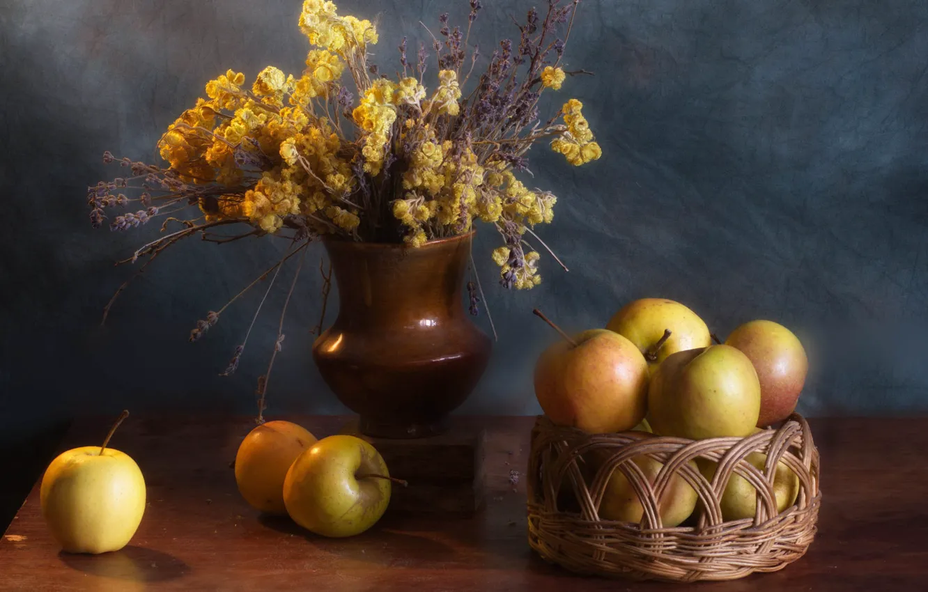 Photo wallpaper flowers, yellow, table, apples, bouquet, pitcher, still life, network