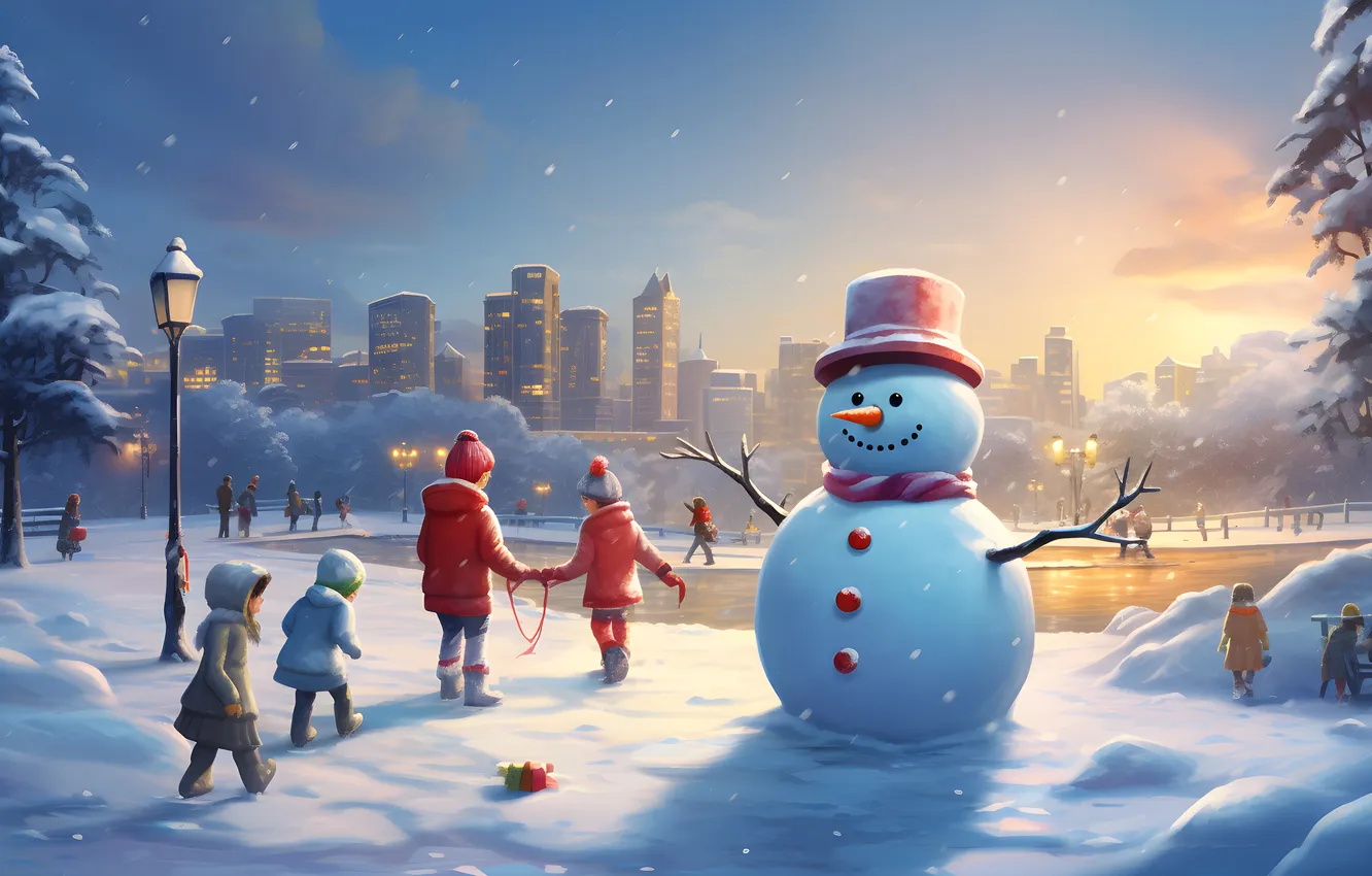 Photo wallpaper winter, snow, children, people, new year, home, the evening, Christmas