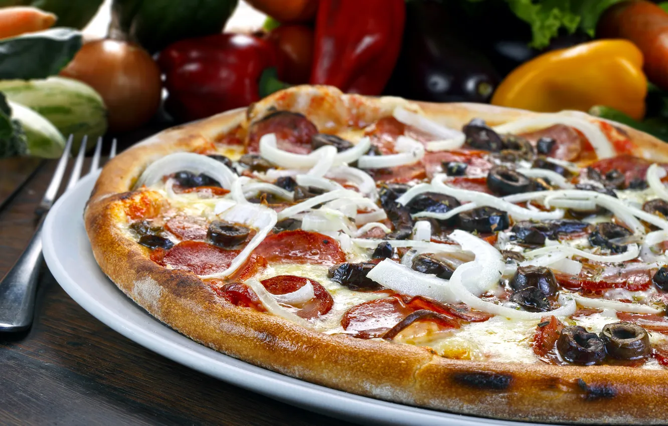 Photo wallpaper cheese, pepper, pizza, olives, sausage, pizza, filling, cheese