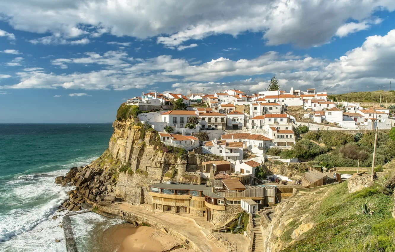 Photo wallpaper sea, the city, rocks, home, Portugal