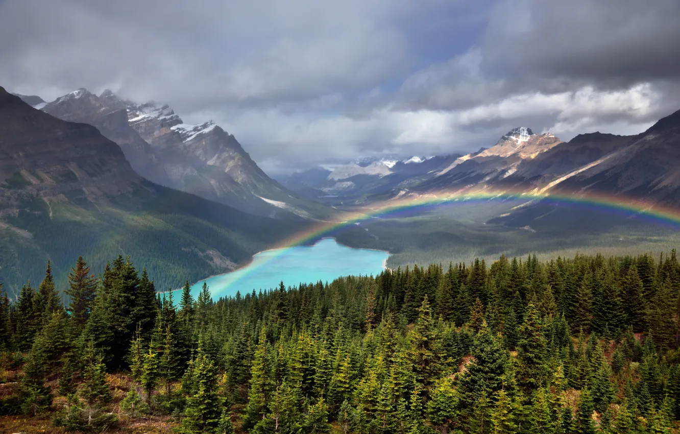 Photo wallpaper Nature, Clouds, Mountains, Lake, Forest, Rainbow, Landscape, Valley