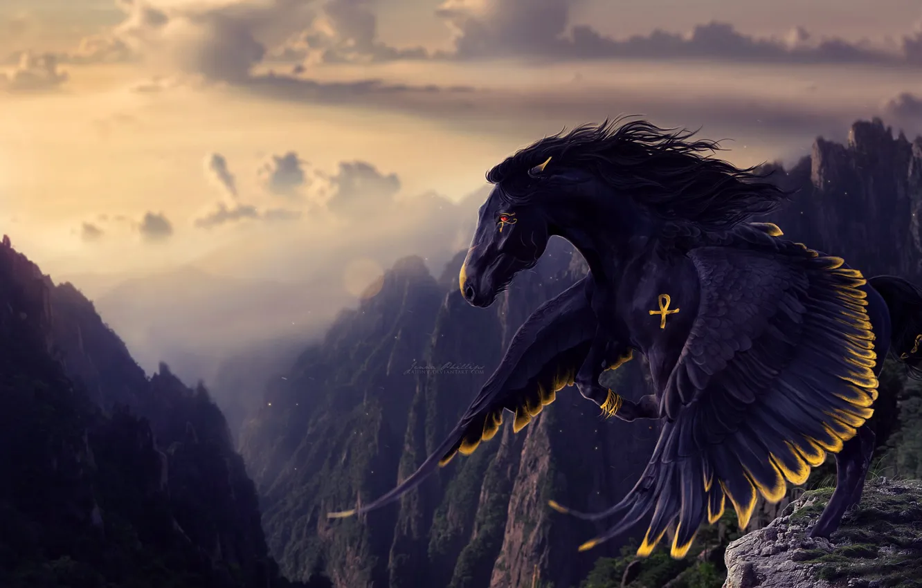Photo wallpaper look, rendering, wings, mane, black horse
