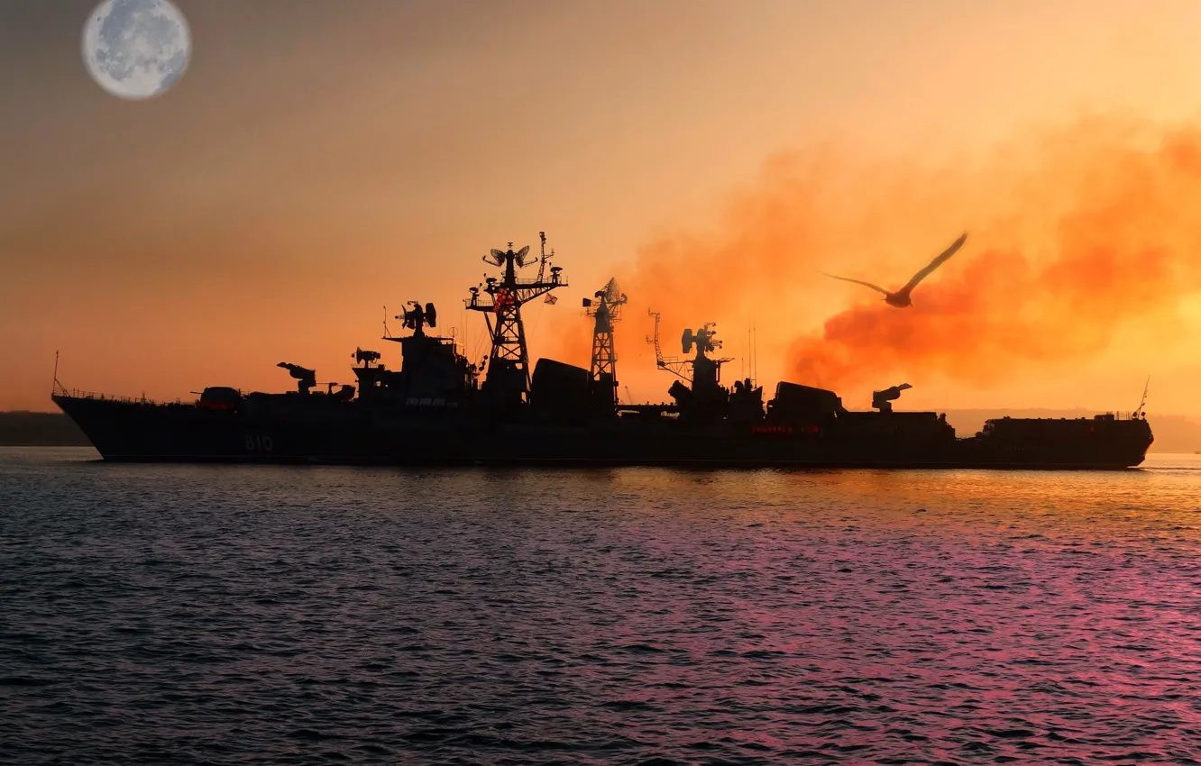 Photo wallpaper the moon, ship, Navy, dawn, The black sea, Quick-witted, guard
