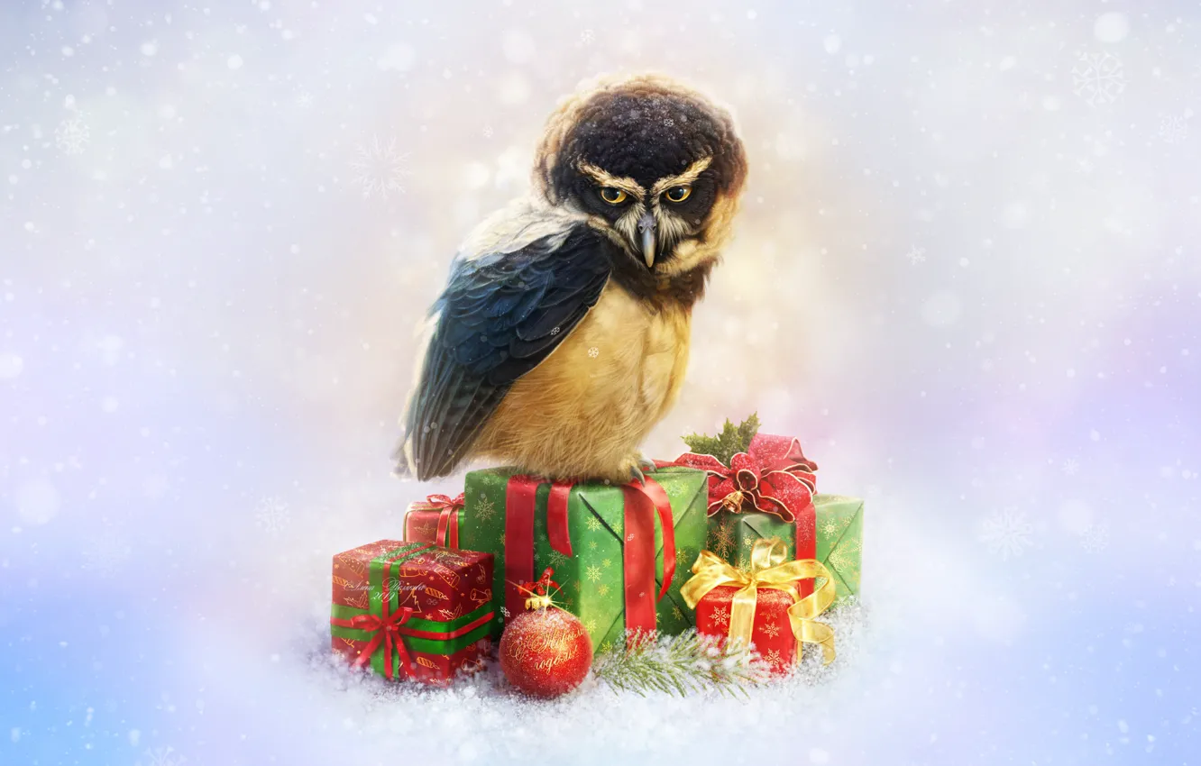 Photo wallpaper Owl, Bird, Snow, New Year, Style, Decoration, Holiday, Art