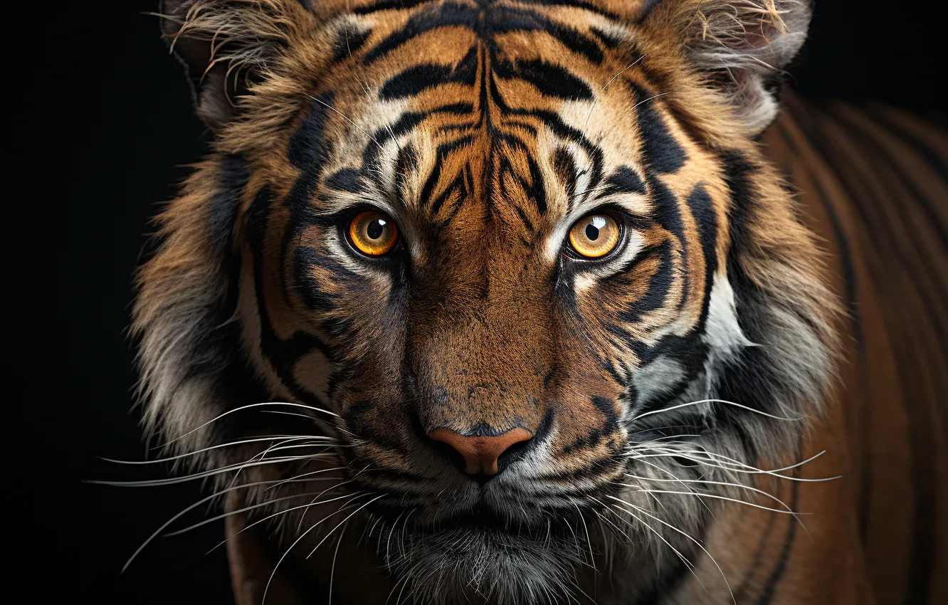 Photo wallpaper look, face, tiger, the dark background, predator, big cat, Bengal, digital art