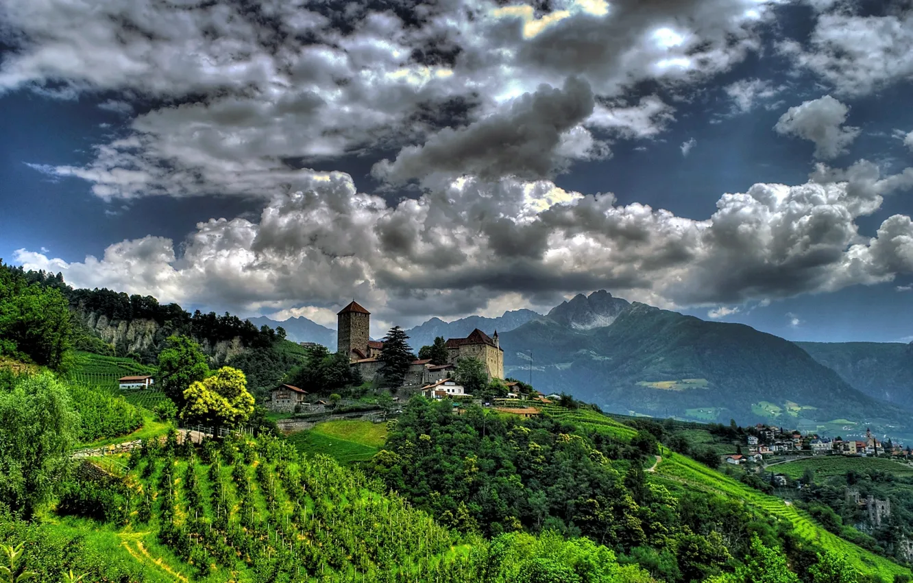 Photo wallpaper mountains, castle, Italy, panorama, Italy, South Tyrol, South Tyrol, Trentino-Alto Adige