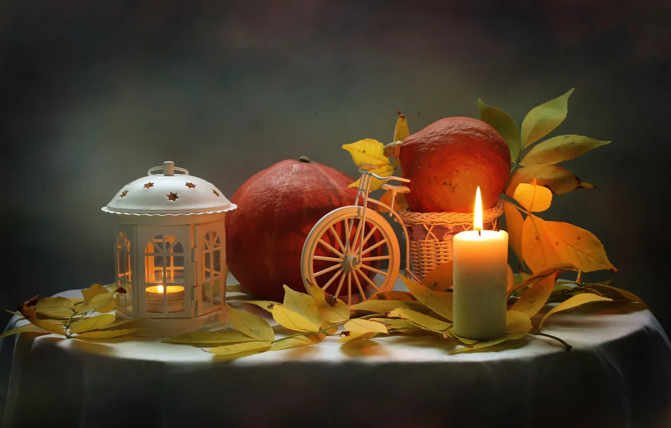 Photo wallpaper leaves, candle, lantern, pumpkin, still life