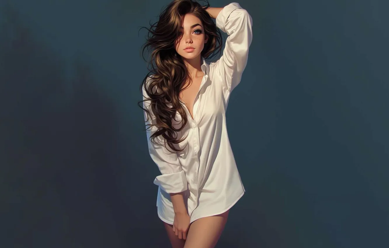 Photo wallpaper girl, long hair, brunette, anime girls, freckles, white shirt, AI Art