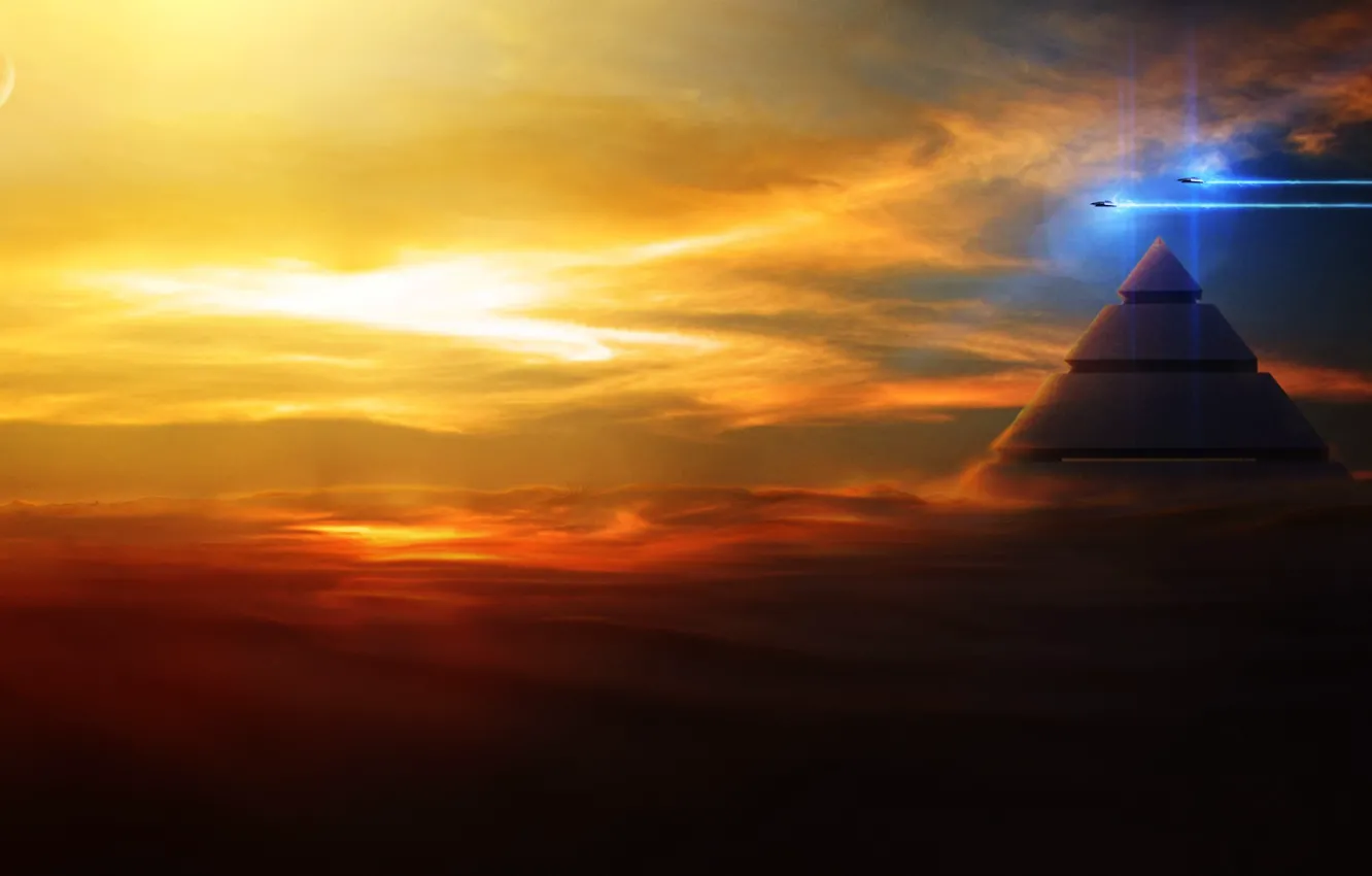 Photo wallpaper clouds, flight, sunset, ships, art, pyramid, in the sky
