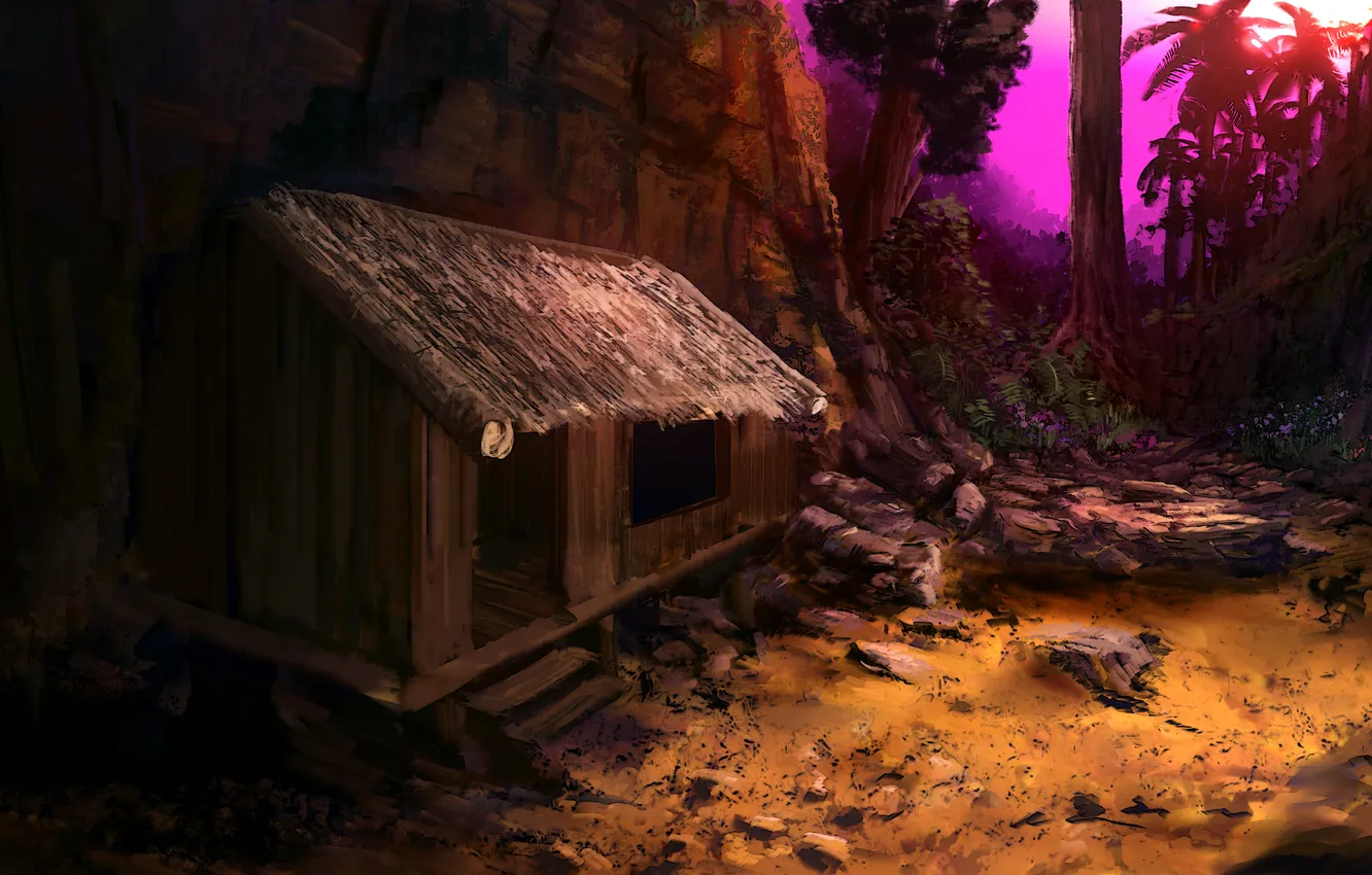 Photo wallpaper sand, trees, landscape, sunset, stones, palm trees, rocks, home