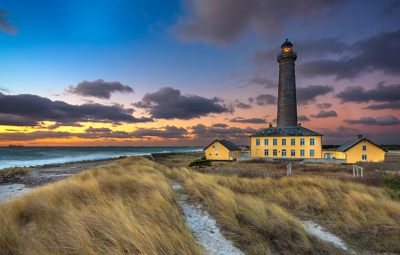 Photo wallpaper grass, ocean, coast, sunset, lighthouse