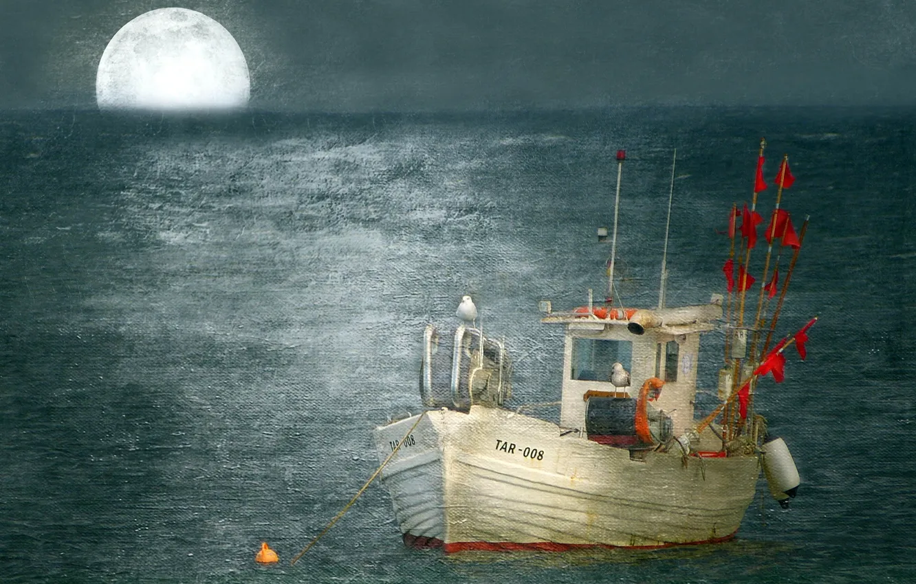 Photo wallpaper sea, style, background, bird, boat, installation