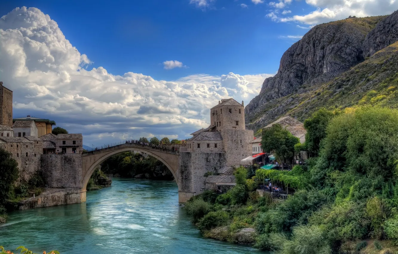 Photo wallpaper river, rocks, Bosnia and Herzegovina, Old bridge, Mostar, Mostar, Bosnia and Herzegovina