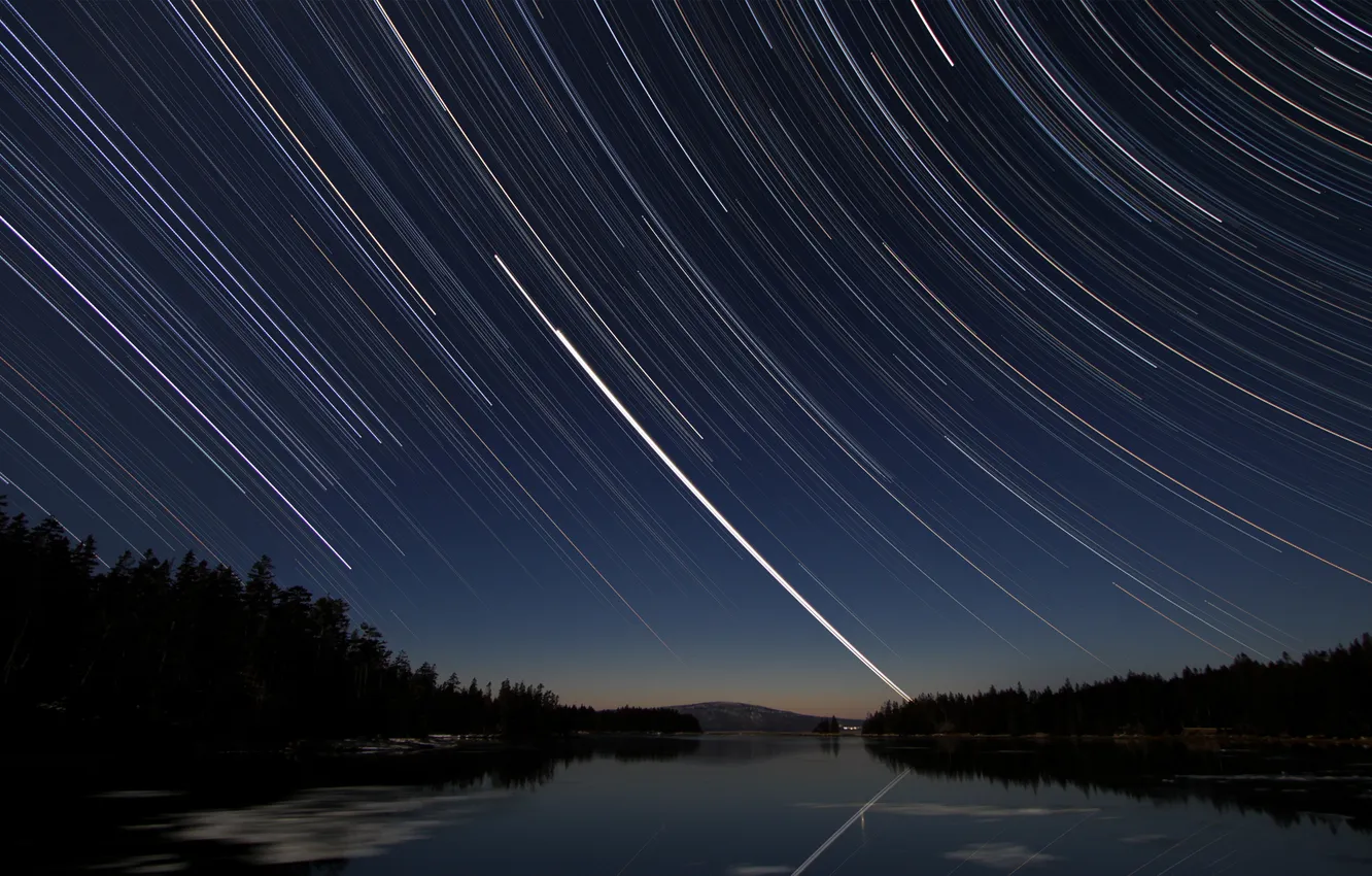 Photo wallpaper the sky, stars, night, star tracks