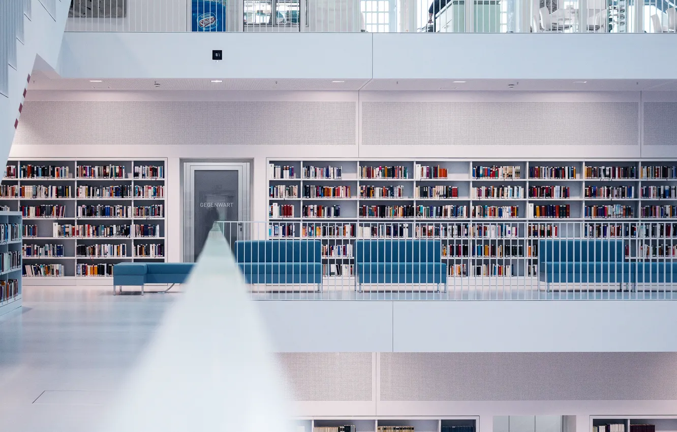 Photo wallpaper room, sofa, people, ladder, railings, floor, book, library