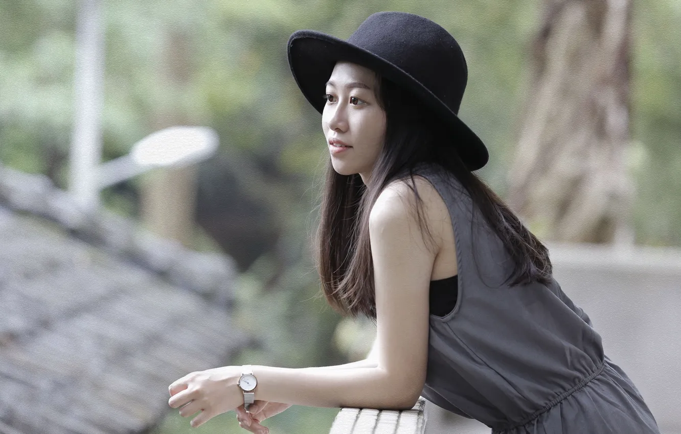 Photo wallpaper girl, hat, dress, Asian, watch
