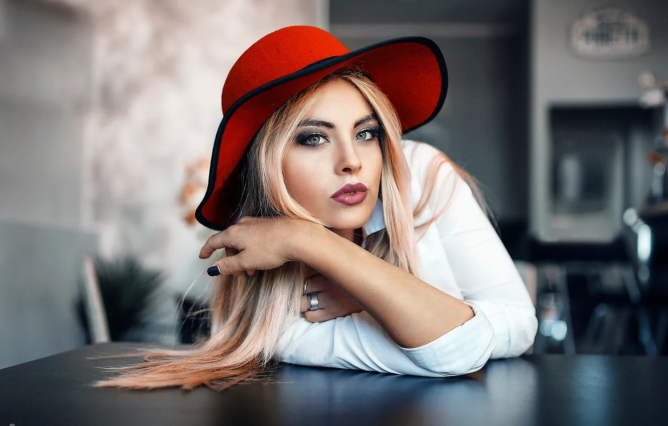 Photo wallpaper look, girl, red, portrait, hat, makeup, hairstyle, blonde