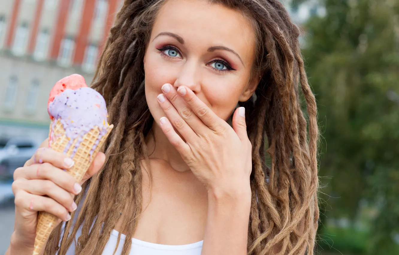 Photo wallpaper girl, hairstyle, ice cream, braids, brown hair, dreadlocks