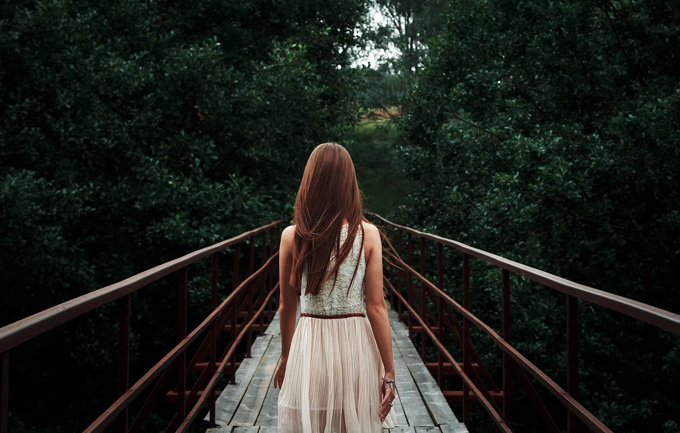 Photo wallpaper summer, girl, bridge, nature, hair, back, dress