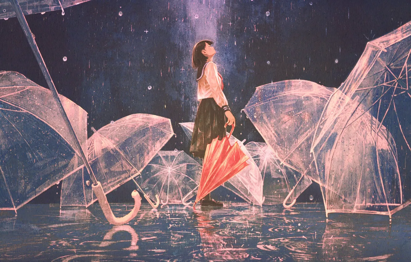 Photo wallpaper girl, rain, umbrellas