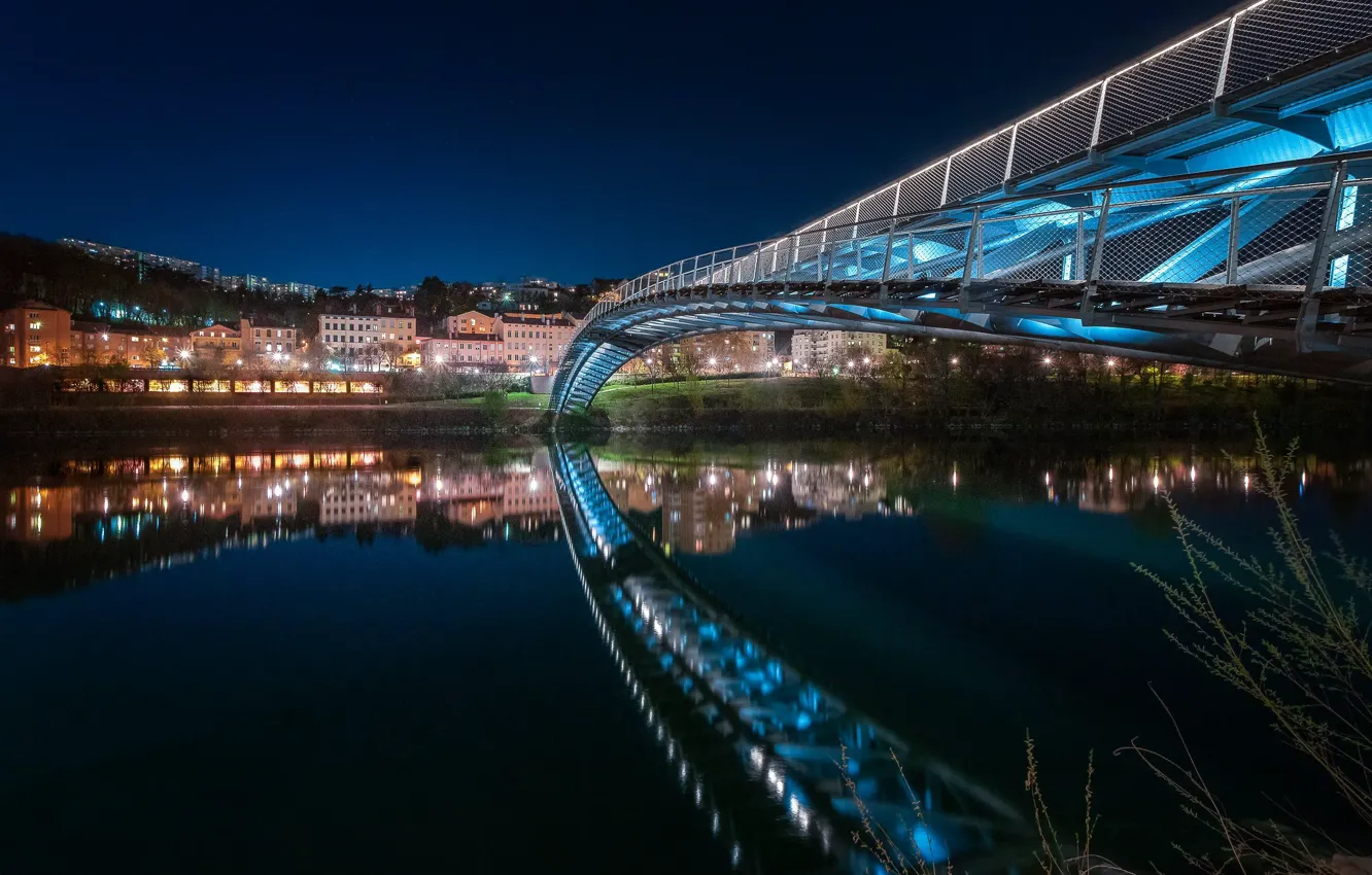 Photo wallpaper bridge, lights, France, the evening, backlight, Lyon