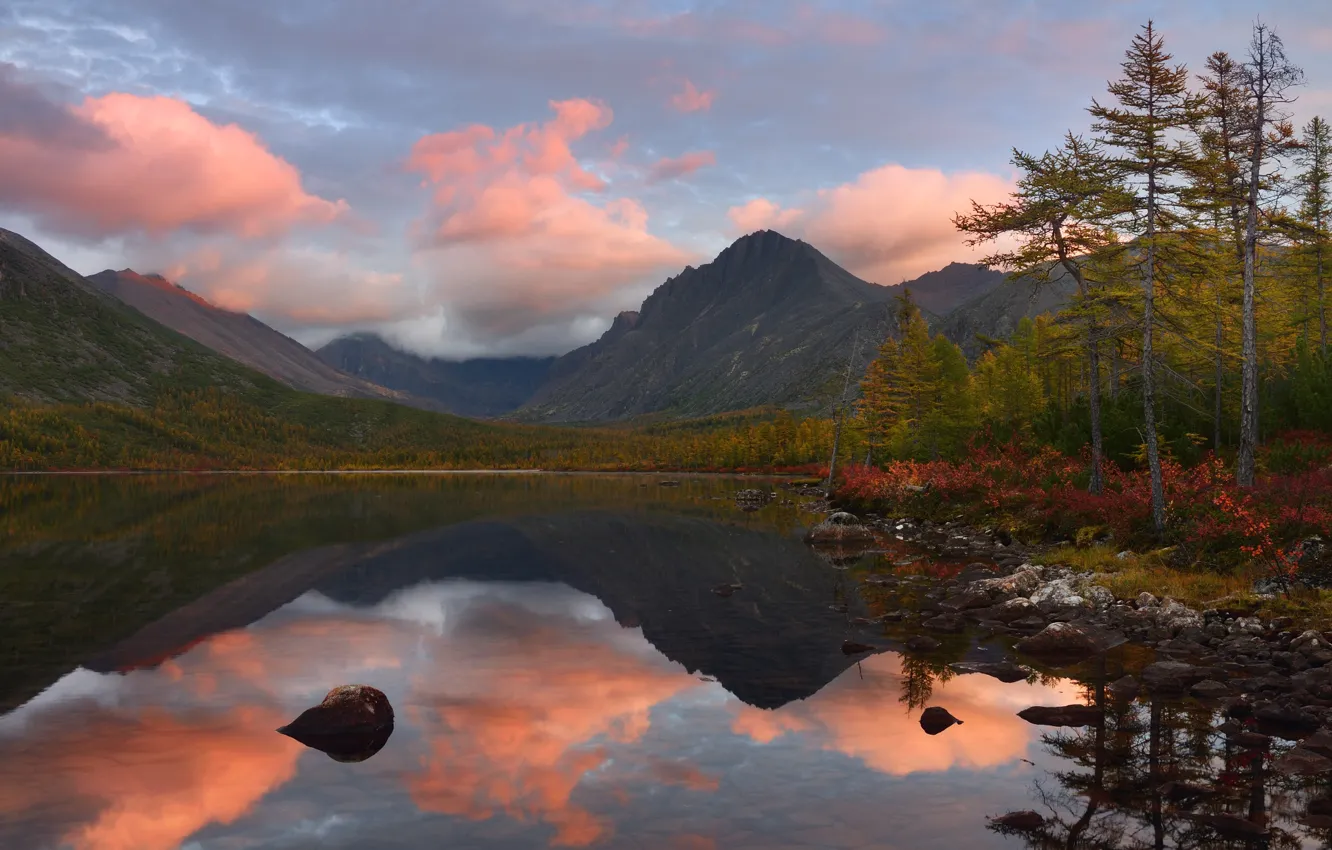 Photo wallpaper autumn, the sky, trees, mountains, reflection, shore, ate, pond