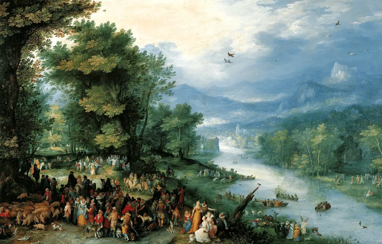 Photo wallpaper picture, genre, mythology, Jan Brueghel the elder, Landscape with TAVIA and Angel
