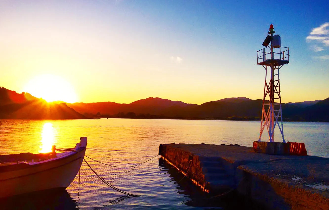 Photo wallpaper sea, sunset, lighthouse, fishing boat