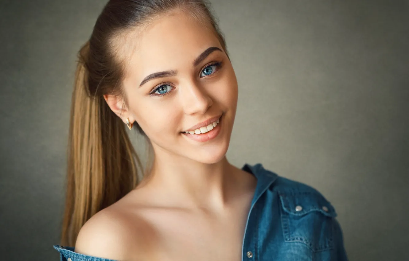 Photo wallpaper girl, photo, blue eyes, ponytail, model, blonde, smiling, portrait