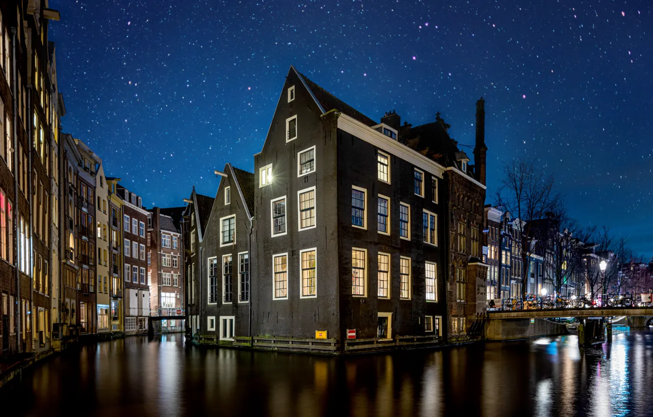 Photo wallpaper the sky, stars, night, bridge, the city, home, lighting, Amsterdam