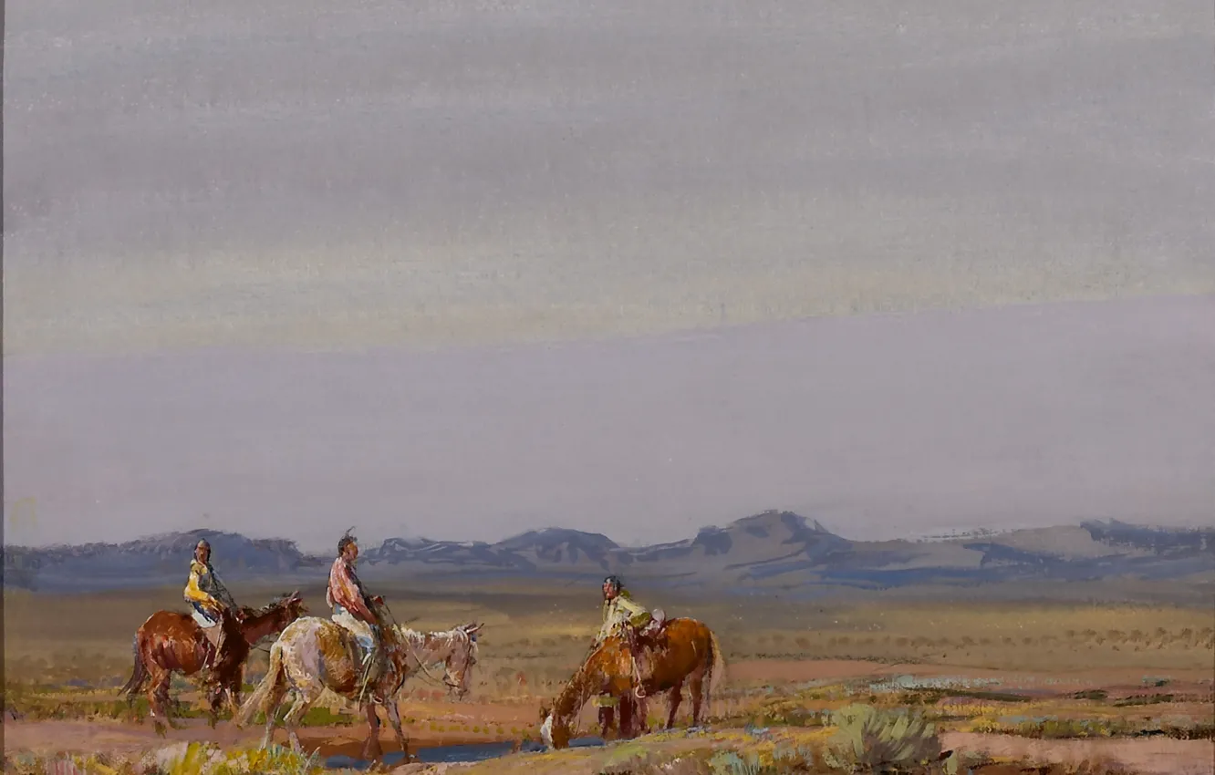 Photo wallpaper horses, the Indians, wild West, Oscar Edmund Berninghaus, Irrigation Ditch