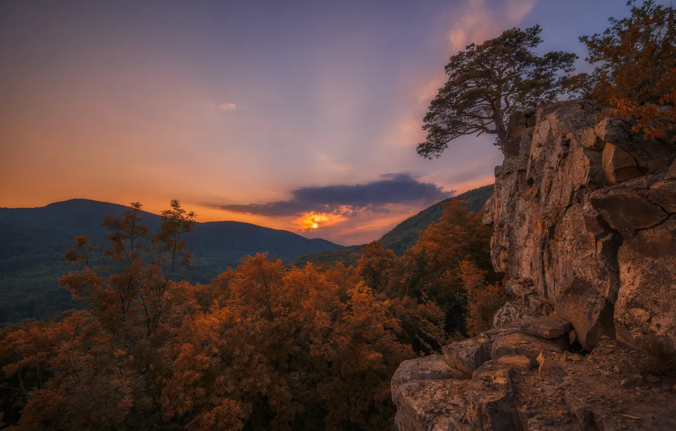 Photo wallpaper autumn, trees, landscape, sunset, mountains, nature, rocks, the evening